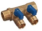 Коллектор ВР-НР 3/4"х2в.х1/2"НР, с отсек. кран, син./крас., лат.